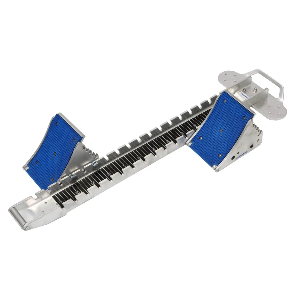 Aluminium starting blocks with blue textured footplates mounted on a notched centre rail and a carry handle at the rear.