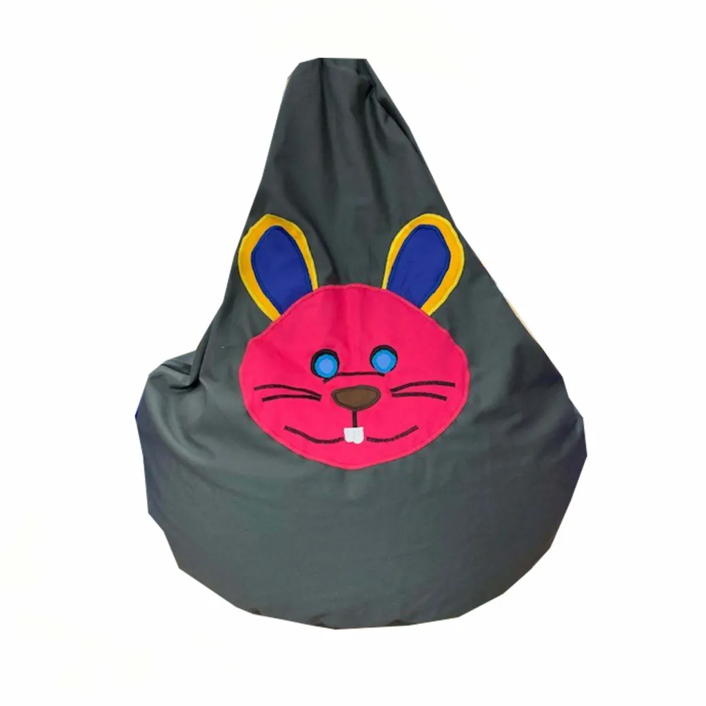 Gray teardrop bean bag with a pink cartoon rabbit face, blue eyes, yellow-lined ears, brown nose, and a white front tooth.