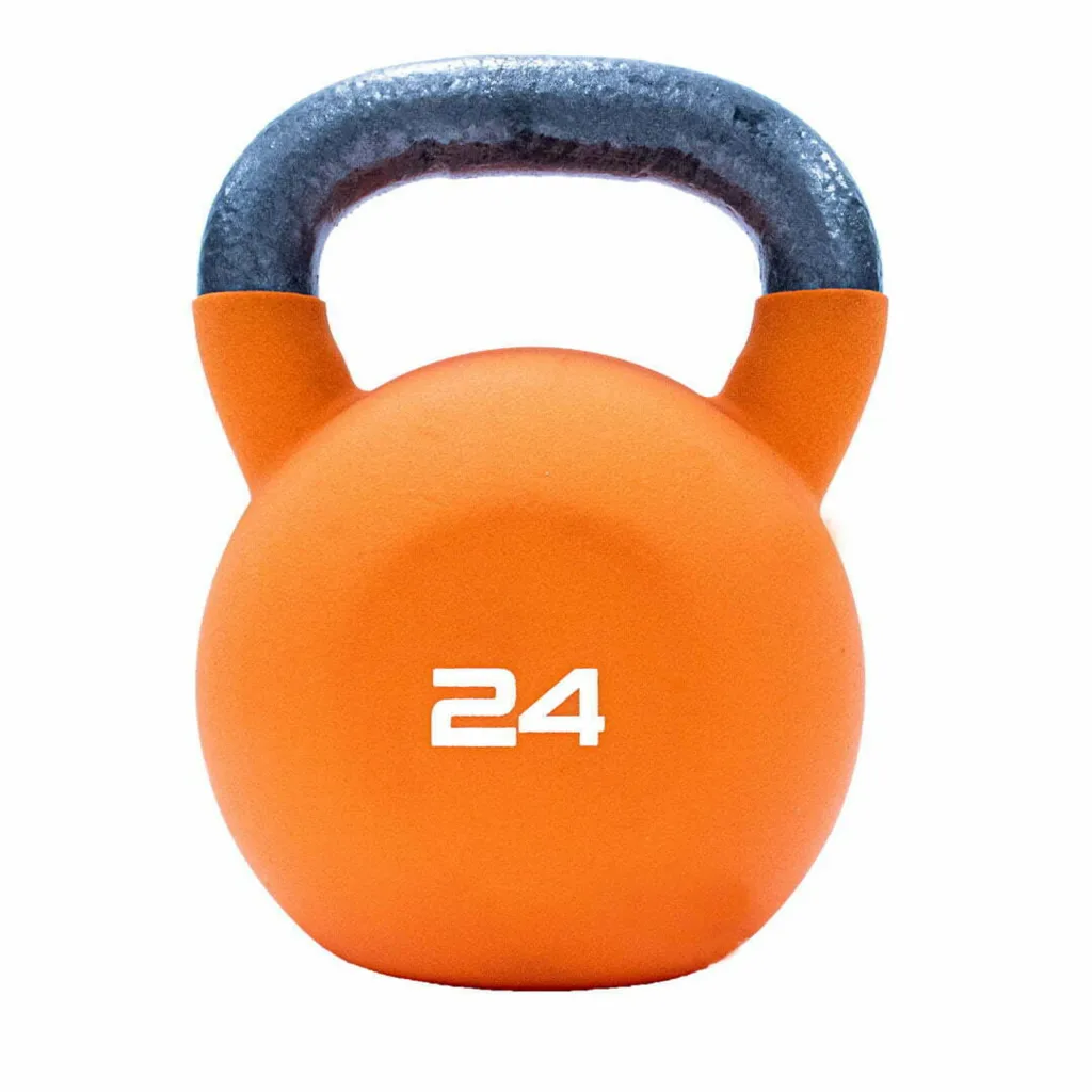 Orange neoprene-covered cast-iron kettlebell with a gray handle and white 24 printed on the front.