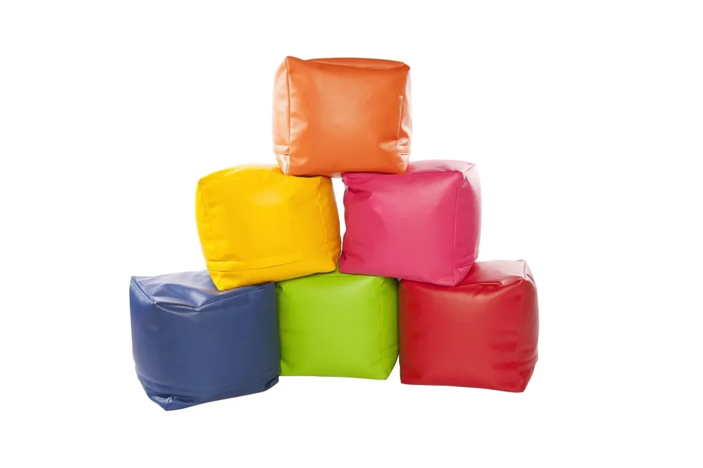 Six faux leather square bean pods in bright orange, yellow, pink, red, green and blue stacked in a pyramid.