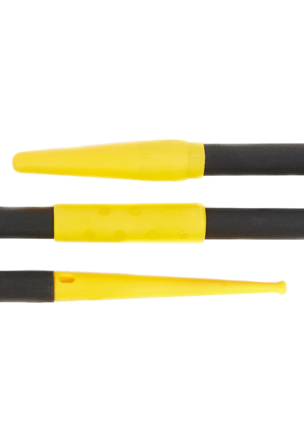 Three horizontal black javelin shaft sections showing a yellow plastic point, a yellow grip sleeve, and a yellow tapered tail.