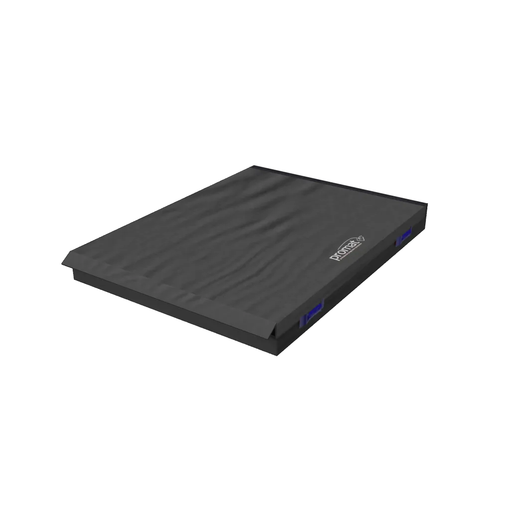 Black connecting safety mat with heavy-duty PVC cover, promat printed on top, blue carry handles and hook-and-loop connectors.