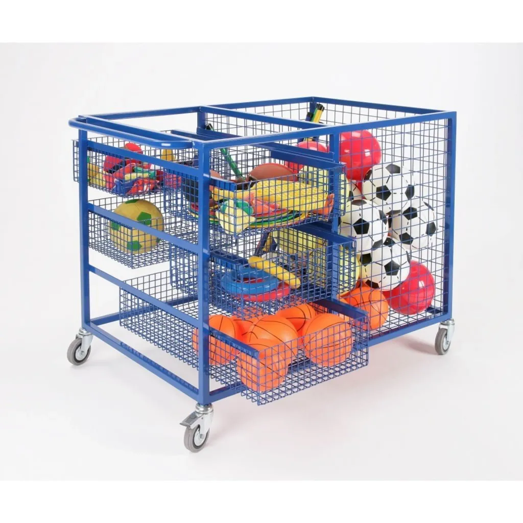 Blue wire mesh storage trolley on four castors with multiple pull-out baskets and a full-height side compartment holding soccer balls and assorted sports equipment.