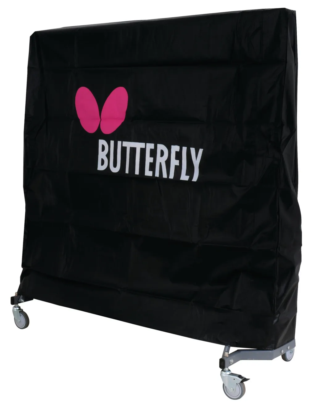 Black protective cover over folded rollaway table with pink butterfly logo and the text BUTTERFLY, on caster wheels.