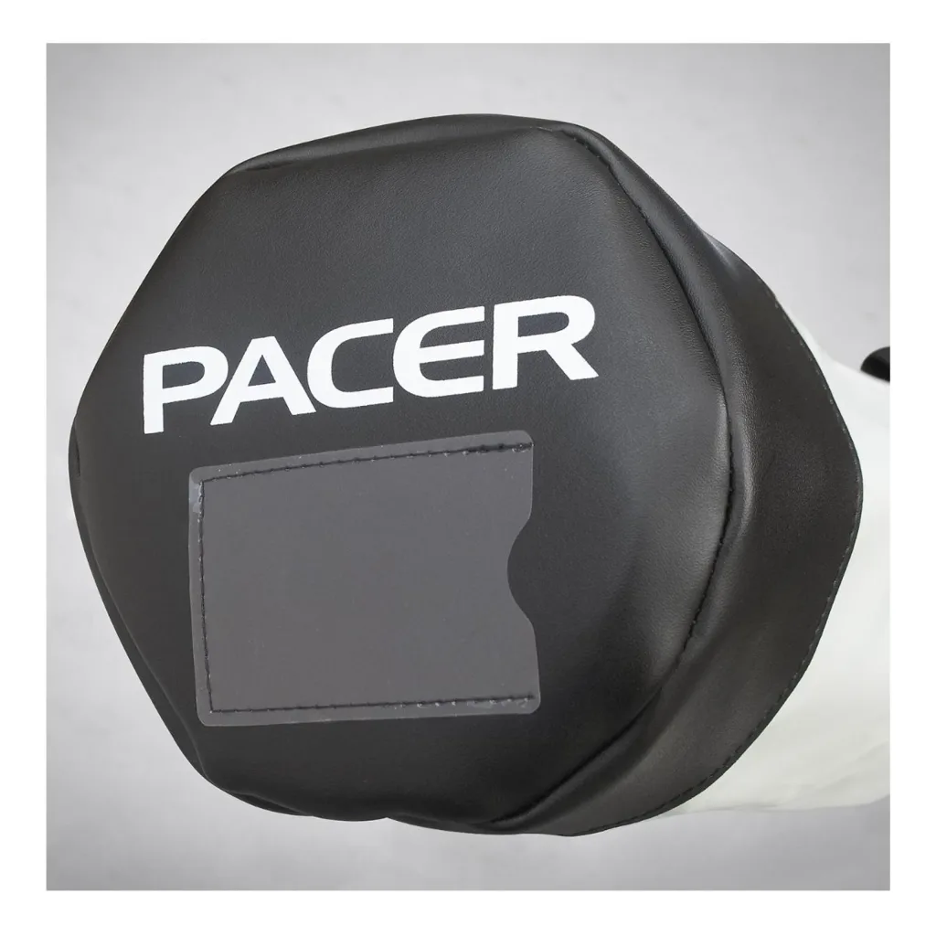 Black vinyl pole vault bag end with white PACER lettering and a gray rectangular leather-reinforced patch.