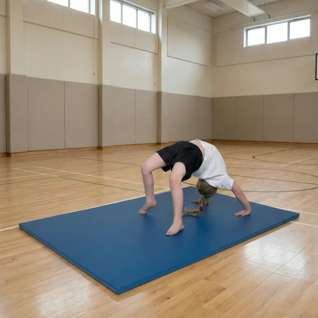 Girl doing a backbend on a blue leather-effect PVC gym mat on a wooden sports hall floor.
