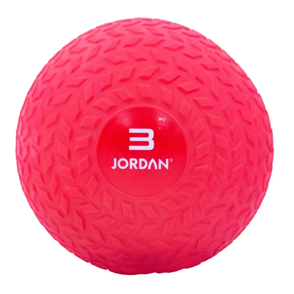Bright red textured slam ball with raised chevron pattern and the number 3 printed on a smooth circular panel.