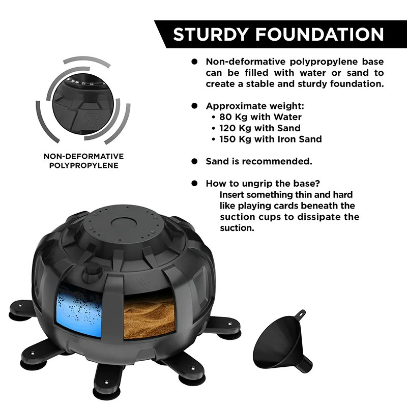 Sturdy foundation showing a black free-standing punch bag base with cutaway revealing water and sand fill and a black funnel.