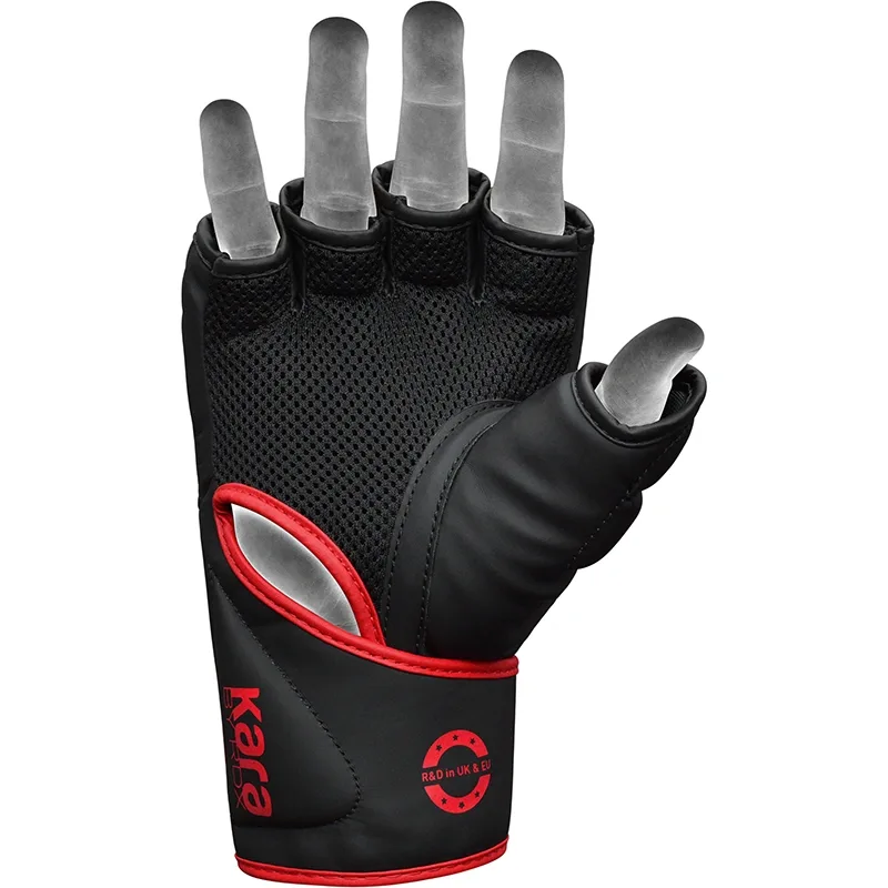 Black convex skin Maya Hide leather grappling glove with red trim and mesh back, fingerless design, showing the text 'kara' and 'R&D in UK & EU'.