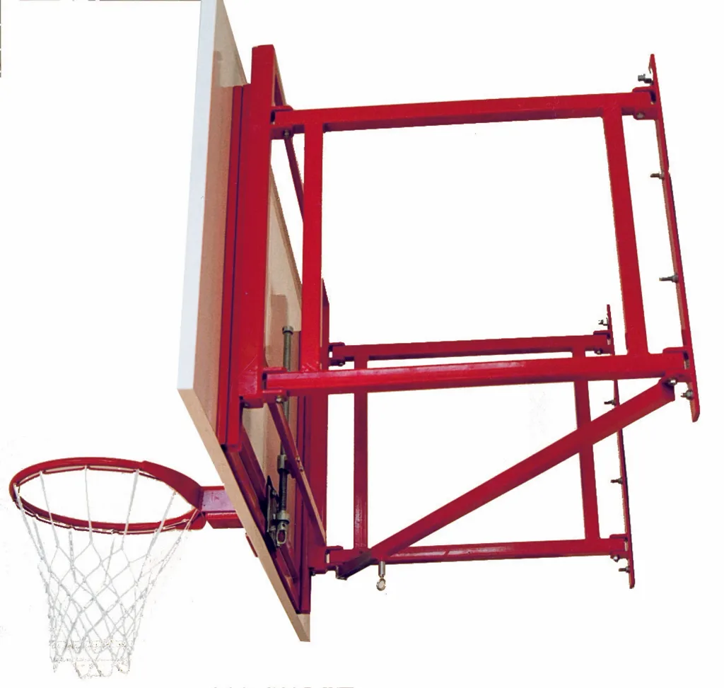 Red wall-mounted adjustable basketball backboard frame with a steel hoop and white net.