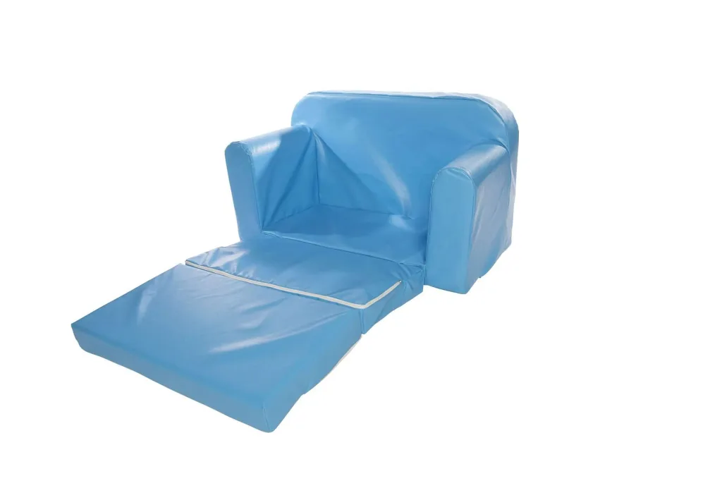 Snug sofa bed with a blue PVC cover shown partially unfolded into a flat bed, featuring low armrests and a visible zippered seam.