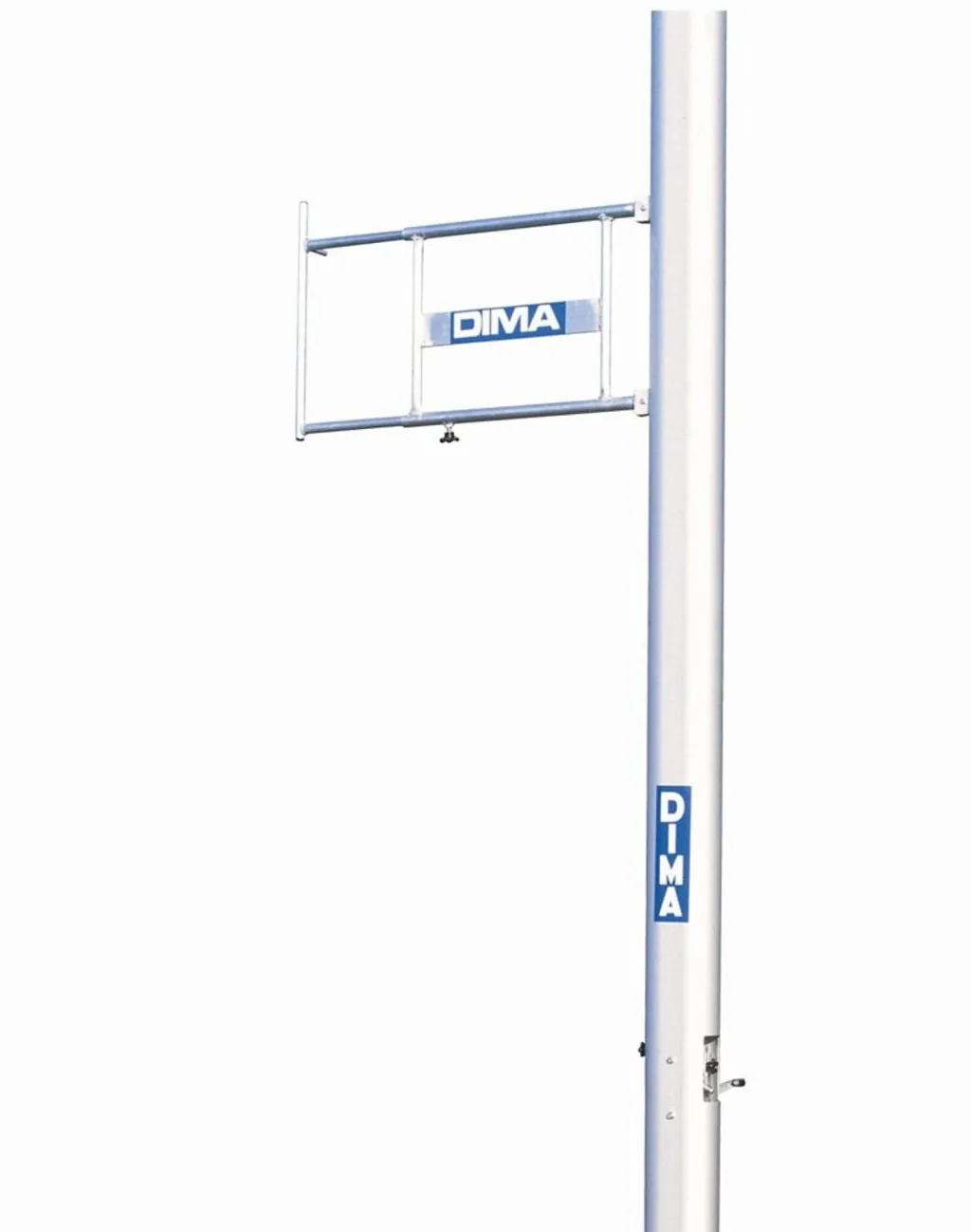 Aluminium pole vault upright with foldable crossbar frame labeled DIMA.