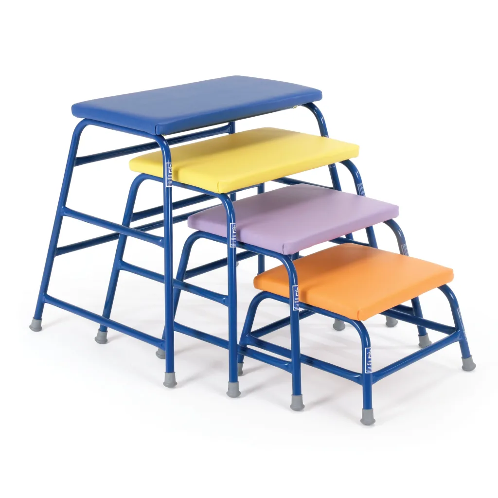 Stacked agility tables with blue powder-coated frames and foam-padded vinyl tops in blue, yellow, purple and orange.