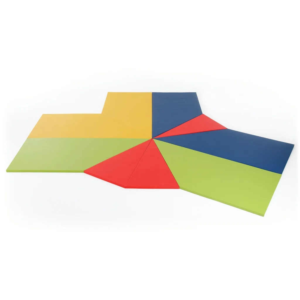 Colorful mat set arranged in a radial star shape with yellow, blue, green and red wedge panels on a white background.