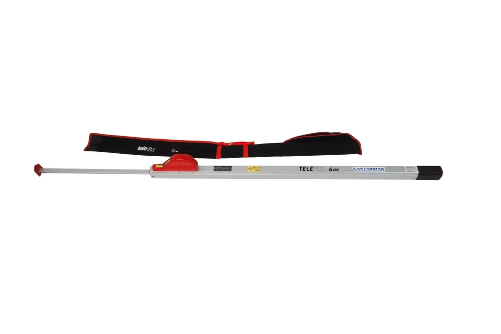 Telescopic height gauge with a silver telescoping pole and red plastic slider beside a black carrying case with red trim, labeled "telefix 6m", "TELEfix 6m" and "CANTABRIAN".