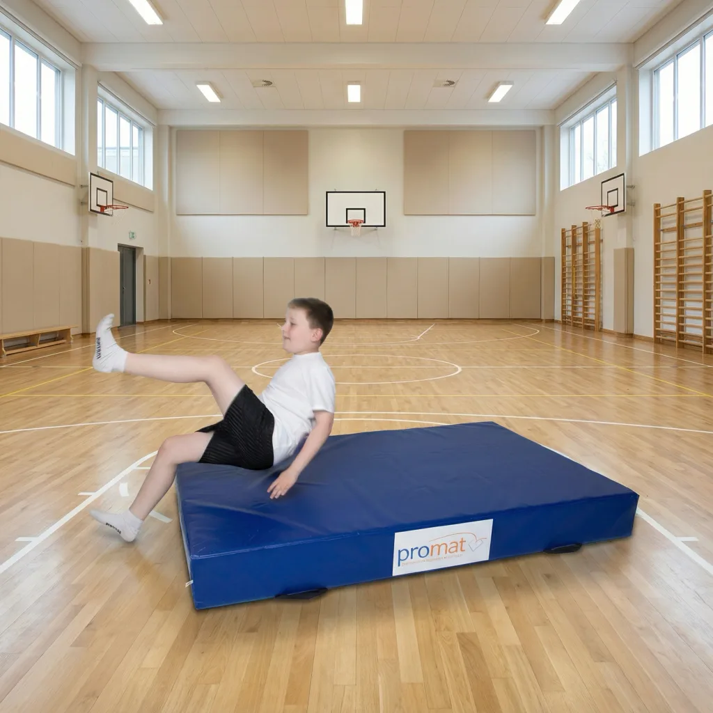Boy falling onto a blue crash mat labeled promat in a school gymnasium.