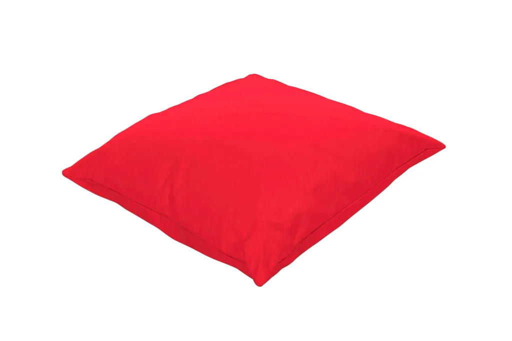 Red cotton square child reading cushion with polybead filling and a removable machine-washable cover.
