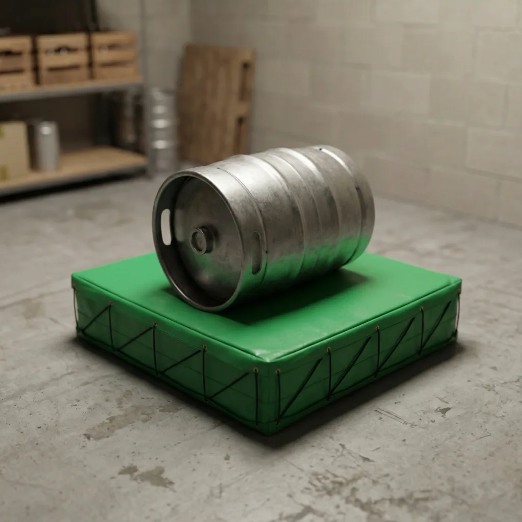 Green heavy-duty fire-retardant PVC keg mat with eyelets and black cord lacing supporting a metal beer keg on a concrete floor.