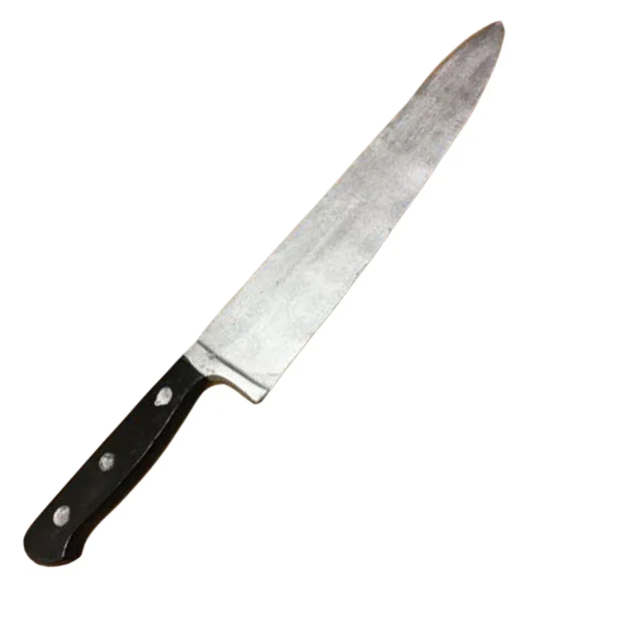 Kitchen knife training prop made from PU foam with a silver blade and black riveted handle, used for police training scenarios.
