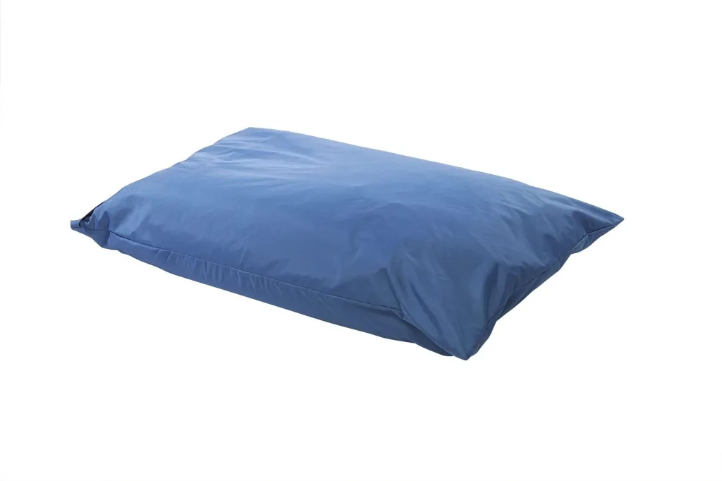 Large rectangular floor cushion with a blue cotton cover lying flat on a white background.