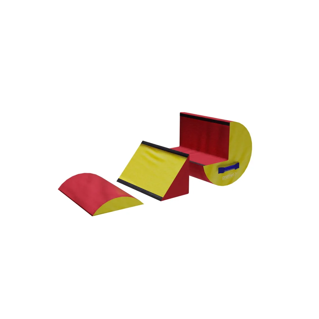 Three roller blocks in red/yellow (small) and blue/yellow (large) with hook-and-loop connectors, carrying handles, high-density PU foam and PVC covers.