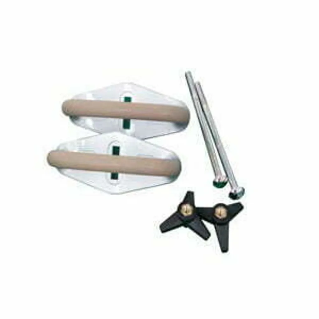 Pair of pommel horse components includes two white mounting plates with beige wooden handles, two silver rods and two black three-pronged knobs.