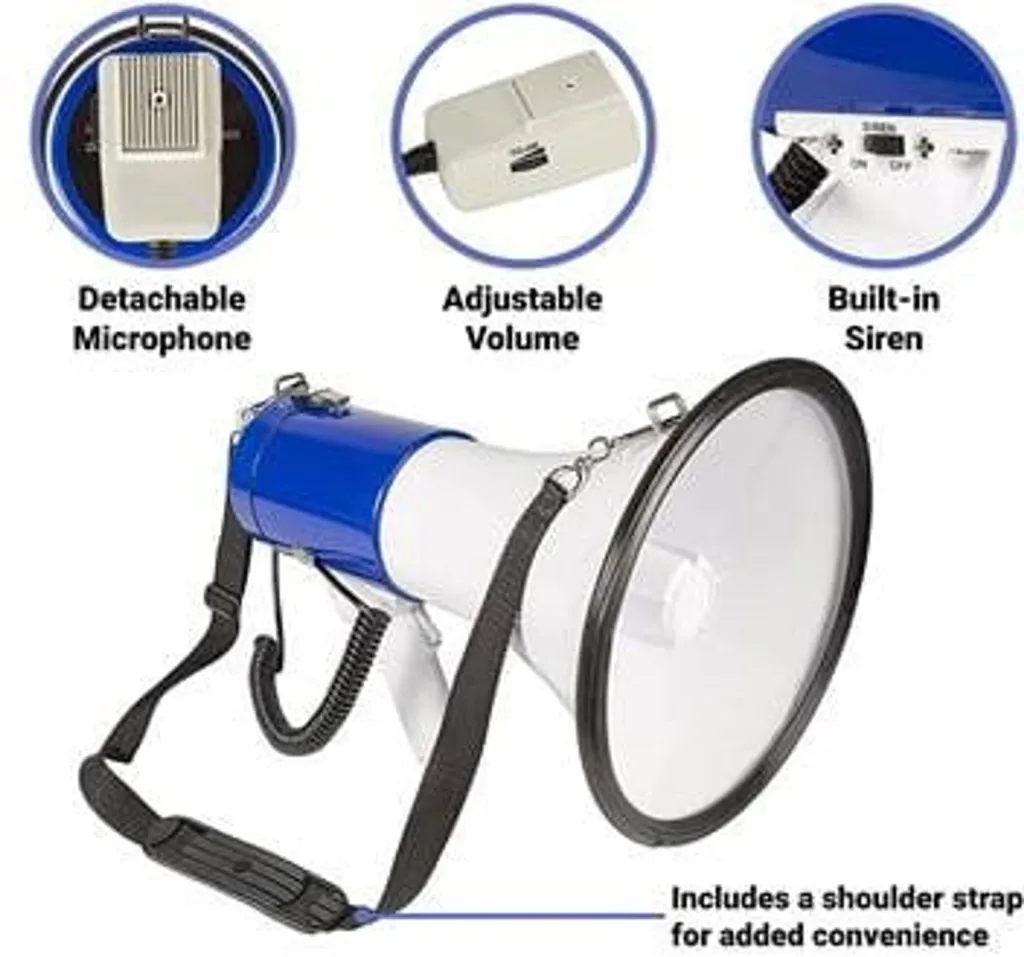 Blue and white megaphone with black rim, detachable microphone, adjustable volume control, built-in siren and shoulder strap.