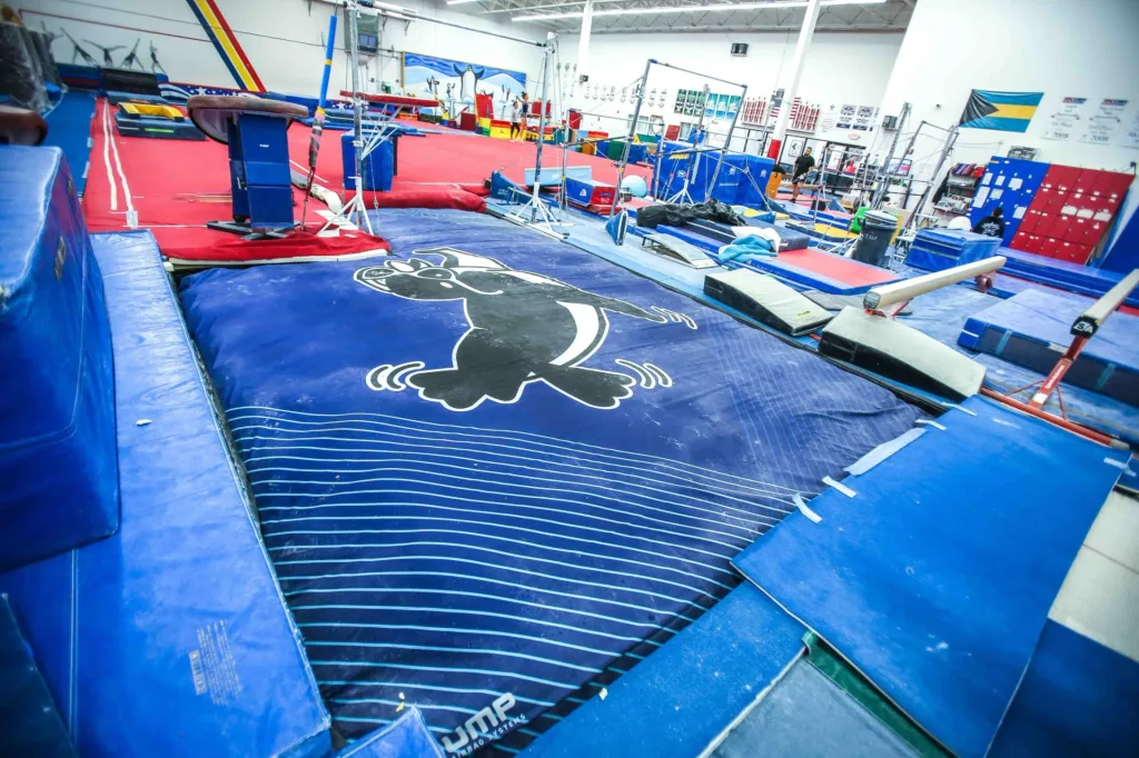 Large blue landing mat with a black-and-white cartoon penguin in the foreground of a gymnastics gym with red floor and scattered equipment.