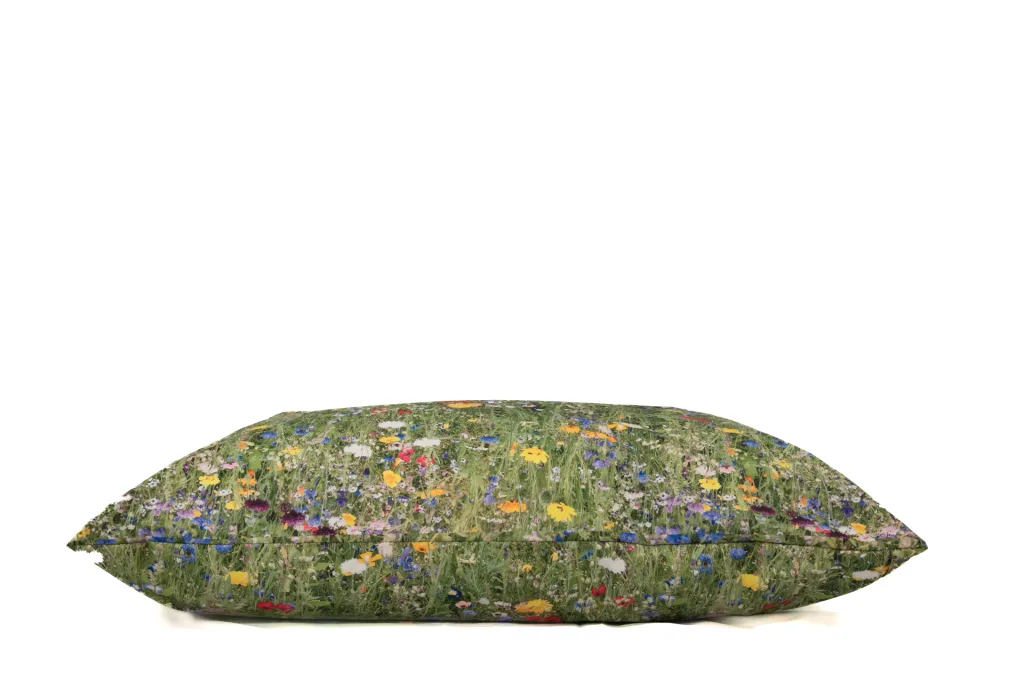 Rectangular medium floor cushion with 100% polyester outer cover featuring a nature print of wildflowers.