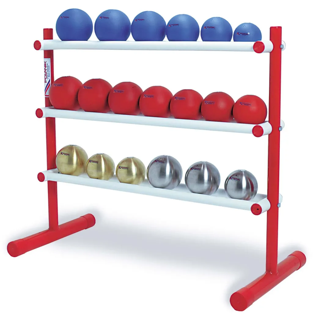 Three-tier shot put rack with powder-painted steel frame and white shelves holding 24 shot puts in blue, red, gold, and silver.