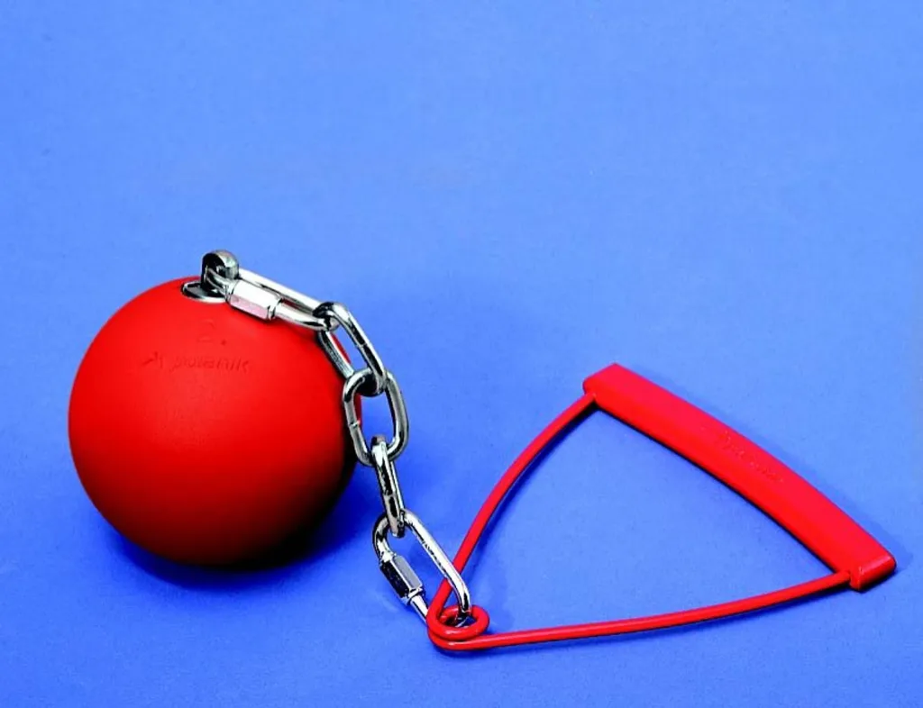 2kg training hammer weight with red powder-coated steel head, galvanised steel swivel and chain, and red triangular handle.