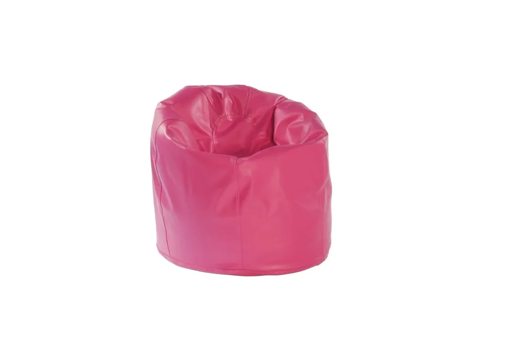 Hot pink faux leather child bean bag with rounded base and gathered top, shown against a white background.