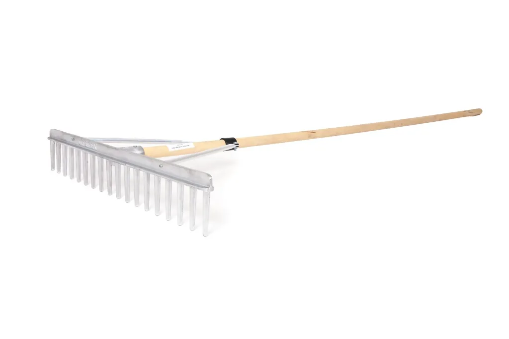 Aluminium-headed sand pit rake with a long wooden shaft and 18 straight teeth, shown on a white background.