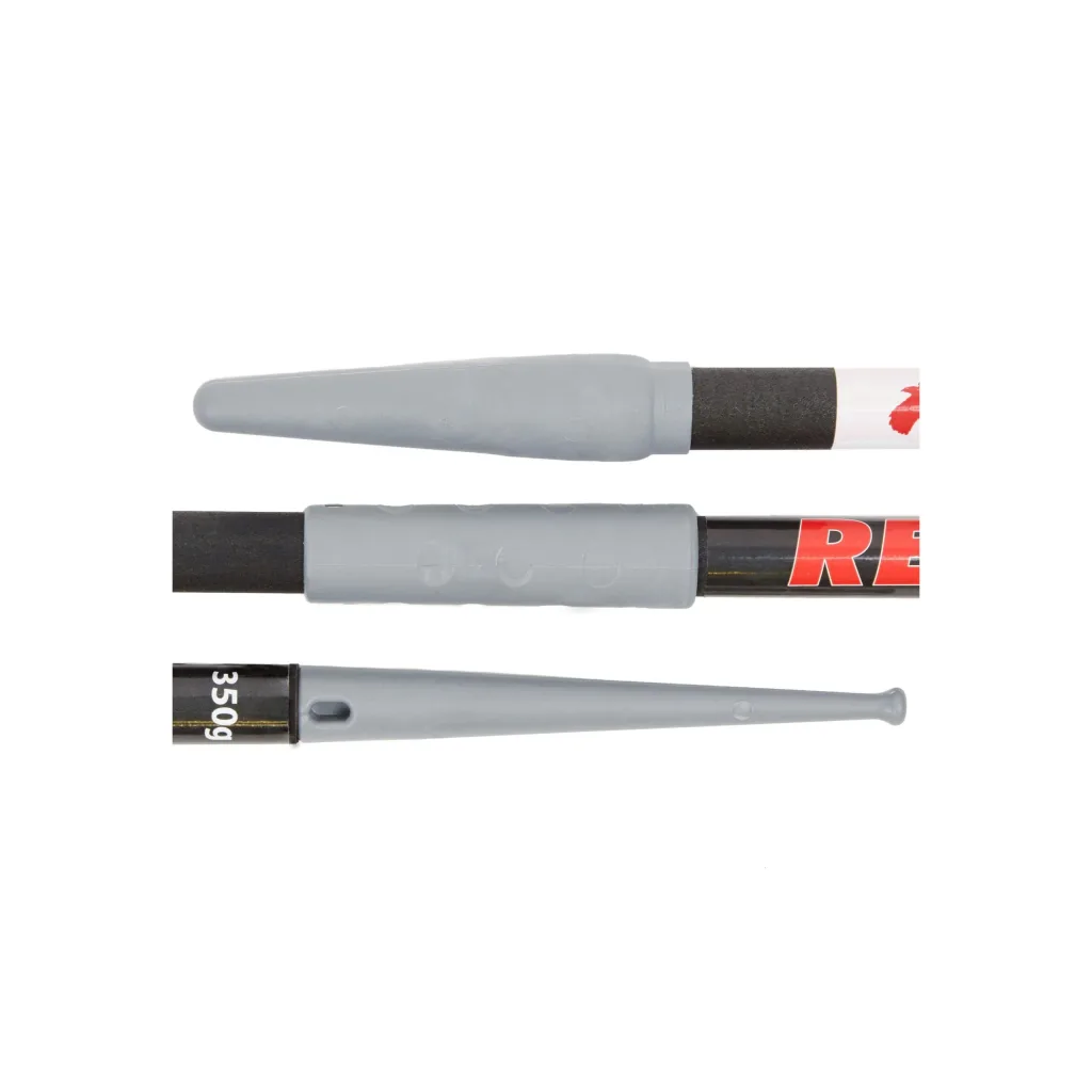 Training javelin with gray plastic tip and sleeve on a black shaft with partial red lettering.