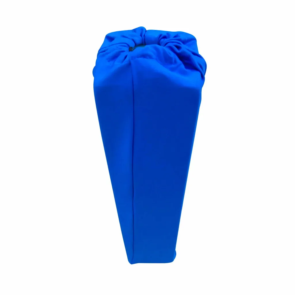 Bright blue 100% polyester stretchable gym pit sock cover over a tapered foam block with gathered elastic top.