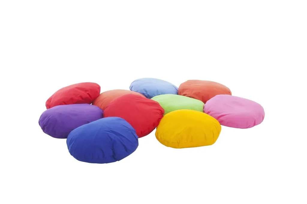Ten round cotton fibre-filled scatter cushions in assorted bright colours arranged together on a white background.