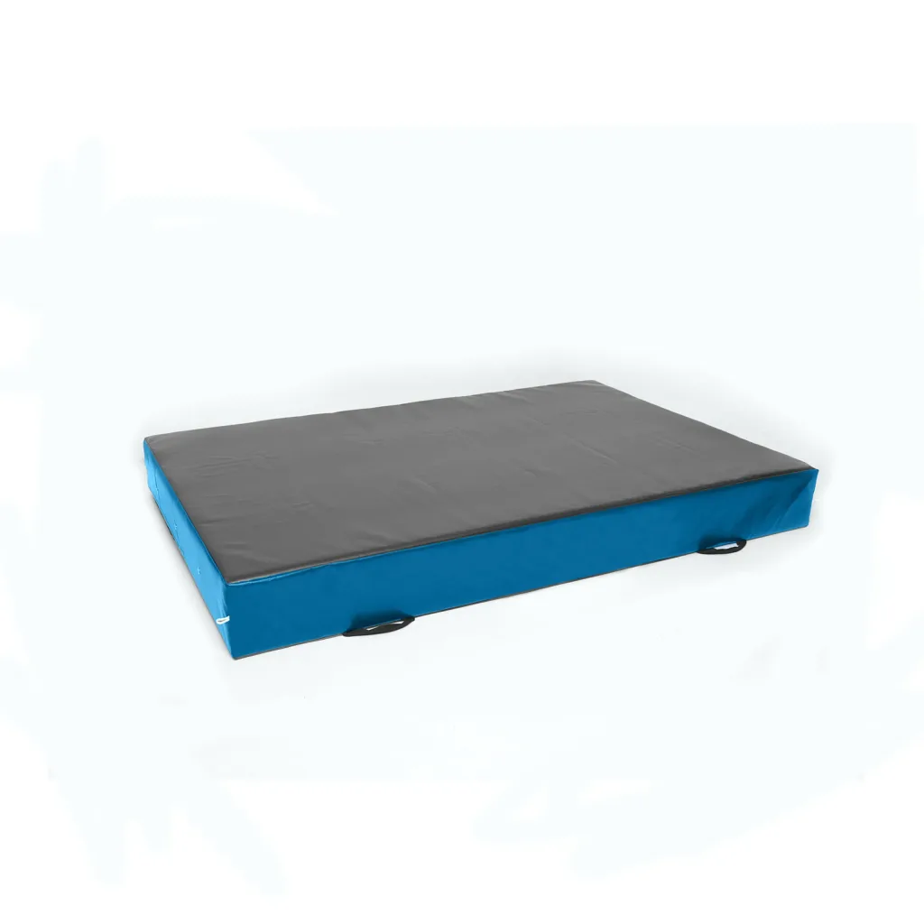 Rectangular landing mat with heavy-duty flame-retardant PVC cover, grey top, blue sides, and black carry handles.