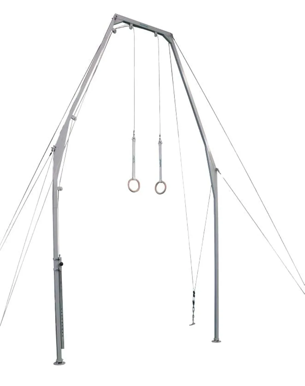 Tall carbon steel training frame with a chrome-plated top tube, two adjustable hanging rings and tensioning cables anchored to circular floor plates.
