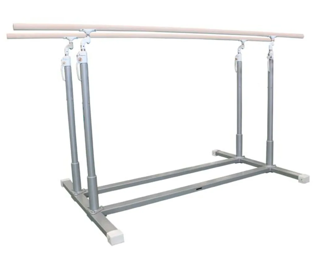 Training parallel bars with two maple-wrapped fibreglass rails on a carbon steel base and four adjustable stainless steel uprights.