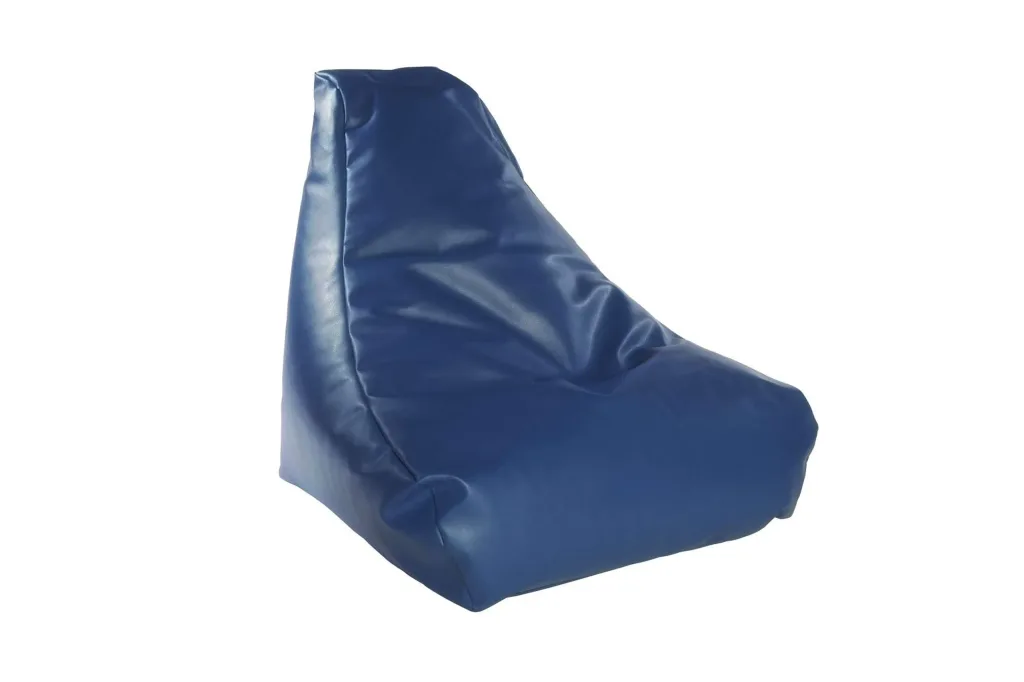 Child-sized blue faux leather bean bag chair with a high supportive back and removable liner.