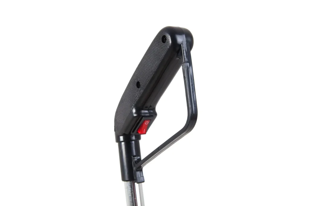 Black measuring wheel handle with textured grip, triangular support arm, metal shaft, and red switch labeled O I.