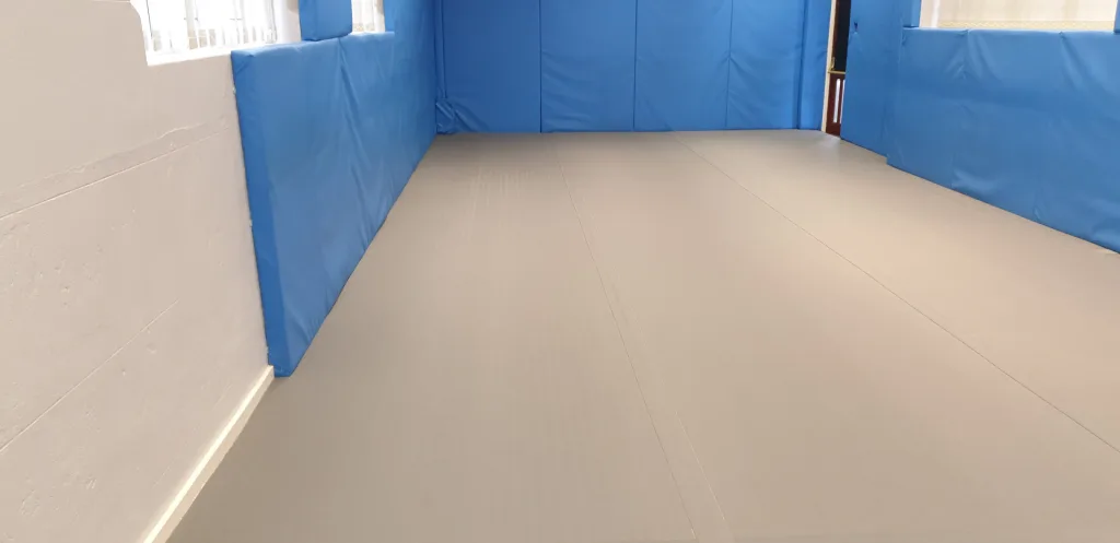 PVC grey hybrid roll-out mats cover the floor with blue padded wall panels lining a multipurpose room.