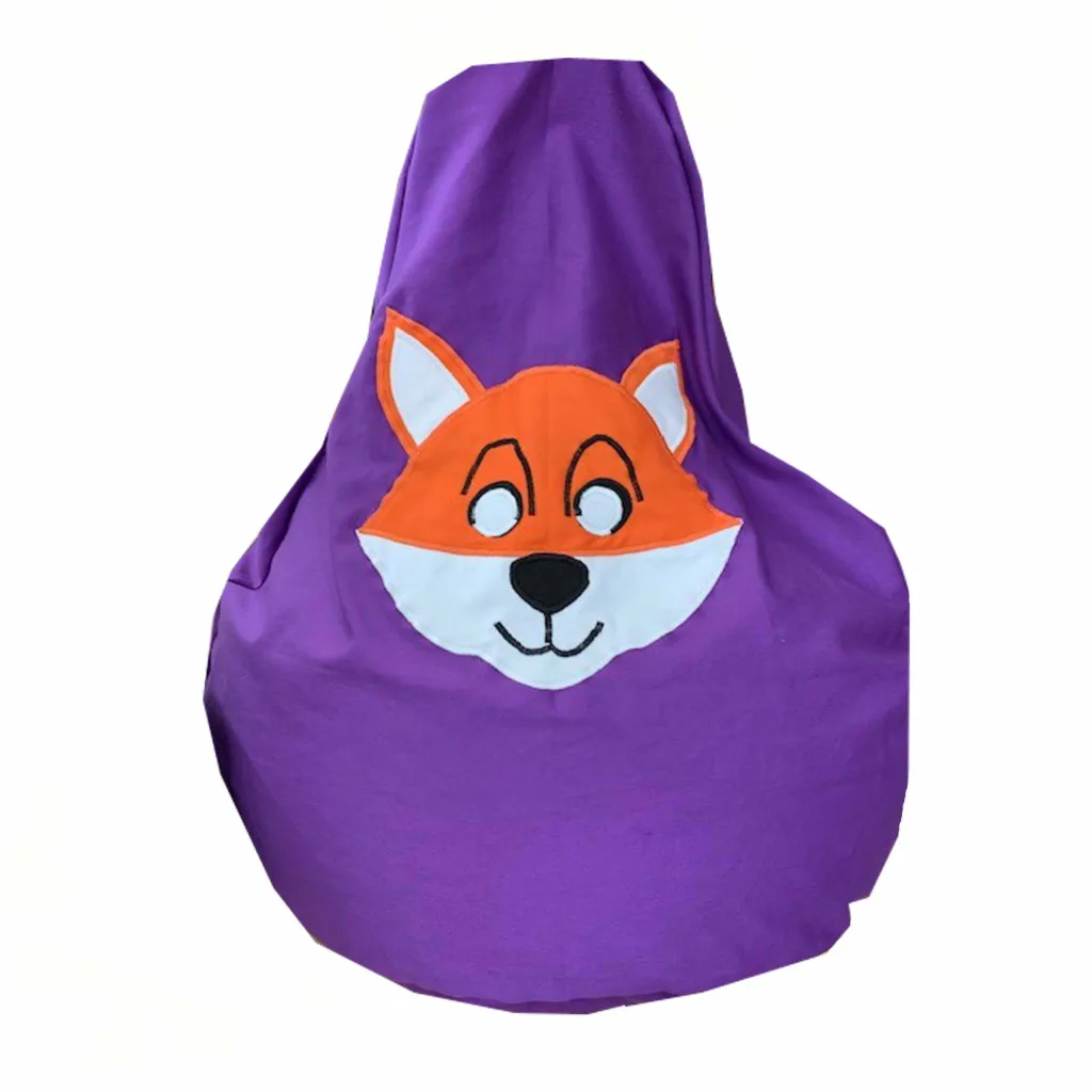Purple bean bag with an orange-and-white fox face applique centered on the front.