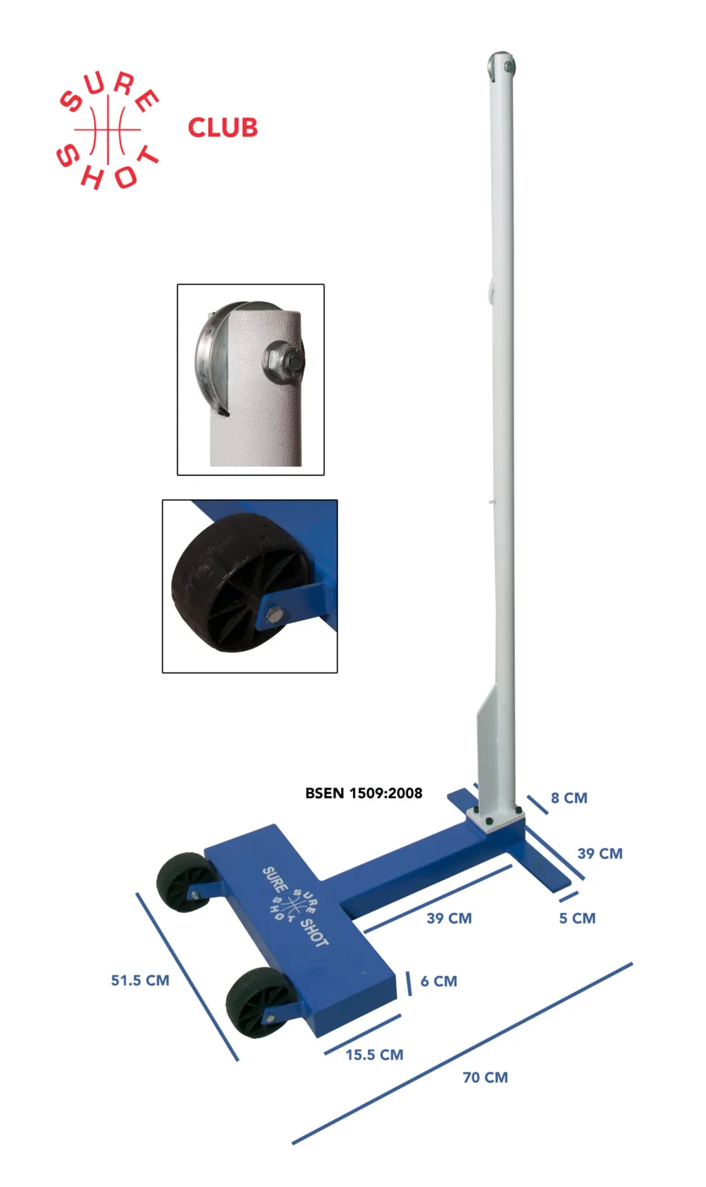 White badminton post with blue H-shaped wheeled base, black wheels and logo text 'SURE SHOT' and 'CLUB' visible.