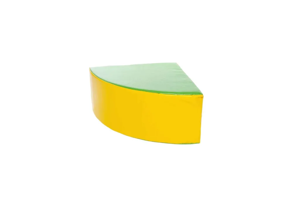 Foam-filled children's wedge pouffe with green top and yellow PVC cover, flame-resistant.