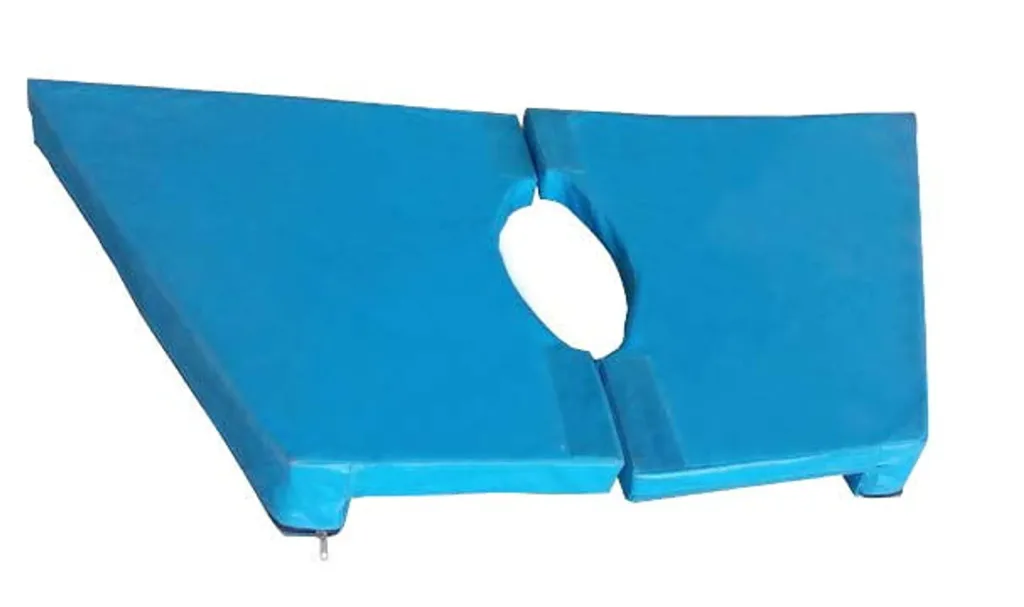 Blue PVC-covered XPE foam vaulting table base pad split into two halves with a central oval cutout.