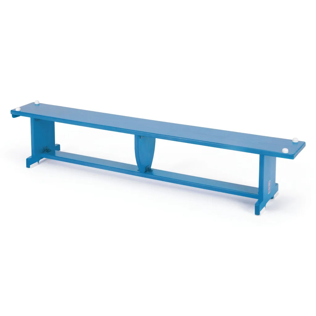Long blue bench with white rubber feet and central support braces on a white background.