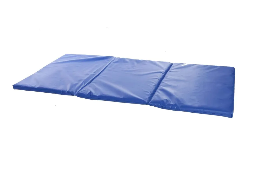 Blue folding sleep mat with foam core and phthalates free PVC cover, unfolded to show three panels.