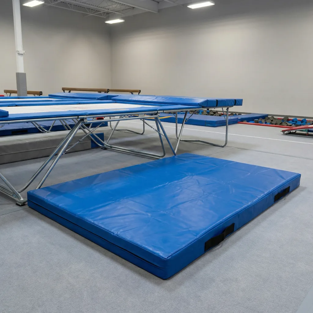 Blue trampoline surround end mat of PU foam with a nylon-reinforced PVC zipped cover and black handles, placed on a gym floor beside trampolines.