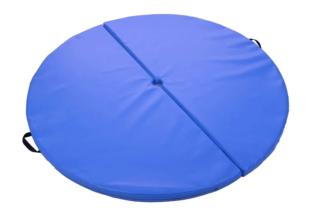 Round blue heavy-duty PVC pole mat split into two pieces with a small central hole and fixed carry handles.
